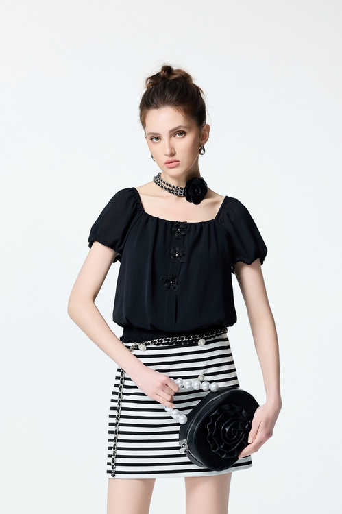 Floral Detail Chiffon Top,Black tops,black tops
