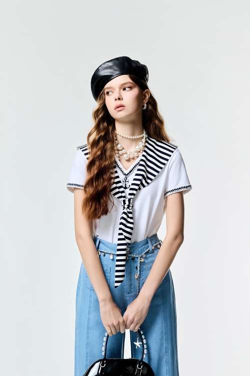 Navy Stripe Collar Short Sleeve Top,,Navy Stripe Collar Short Sleeve Top,Tops,Season (SS) Look,White tops,Urban Fashion