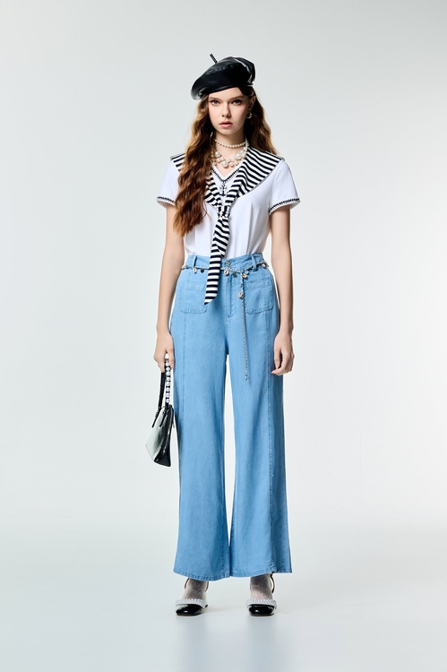 Navy Stripe Collar Short Sleeve Top,,Navy Stripe Collar Short Sleeve Top,Tops,Season (SS) Look,White tops,Urban Fashion