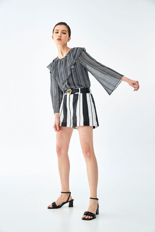 Contrast Stripe Blouse With Flounce Neckline,Chiffon tops