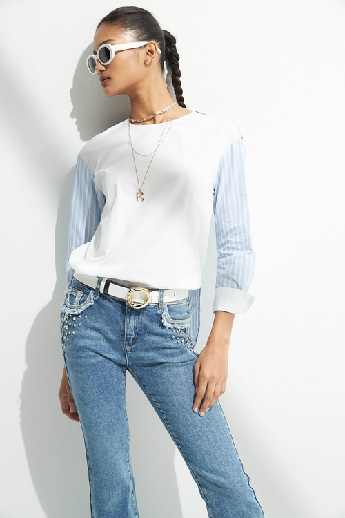 Loose-Fit Contrast Detail Top,Round neck tops