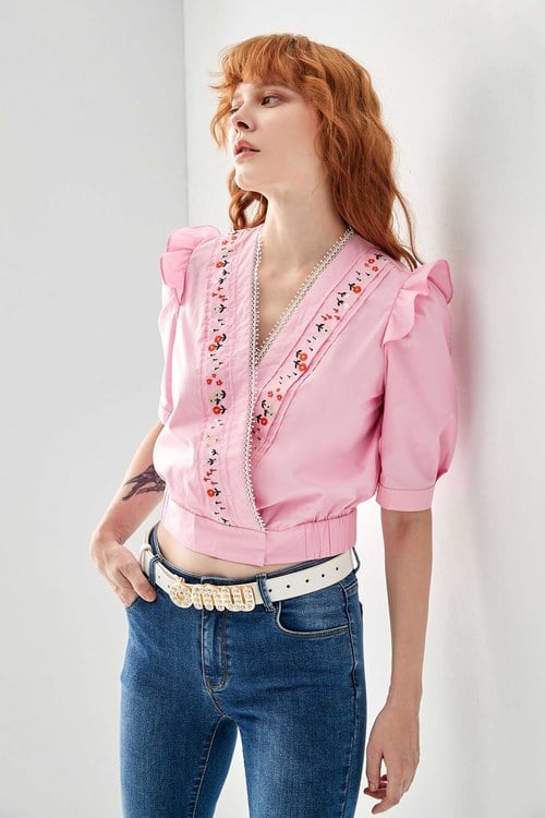 Front Wrap Crop Top With Embroidery Detail,Embroidered tops