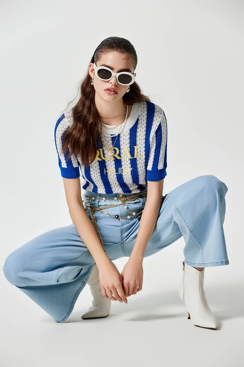 Blue White Stripe Knit Top With Embroidered Slogan,simple outfits