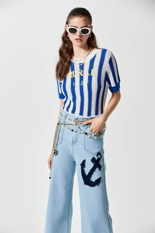 Blue White Stripe Knit Top With Embroidered Slogan,simple outfits