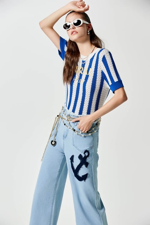 Blue White Stripe Knit Top With Embroidered Slogan,upperclass