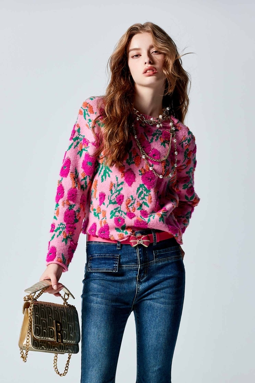 Long Sleeve Floral Knit Top,Knitted tops