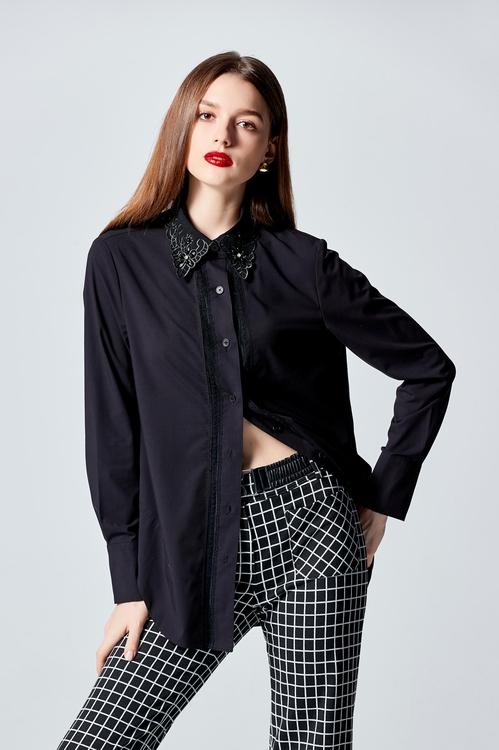 Embroiered Lace Collar Black Blouse,Blouses