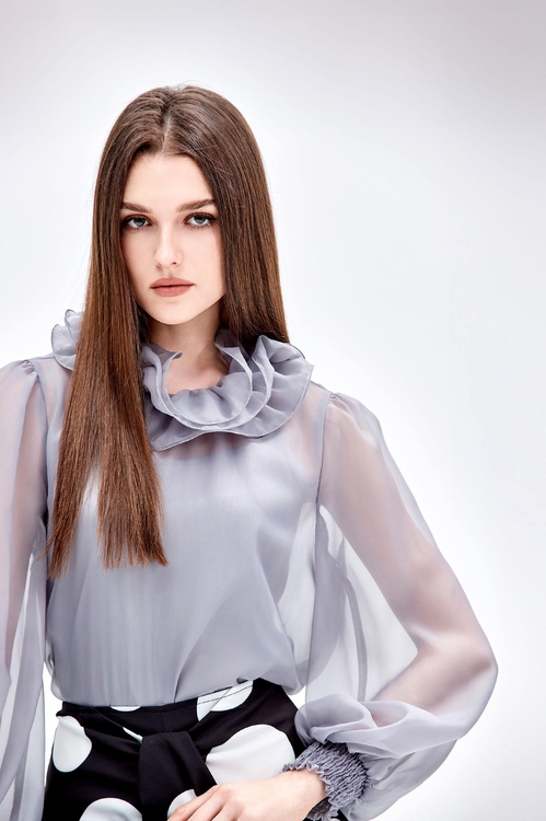 Ruffle Collar Grey Organza Top,Under shirts