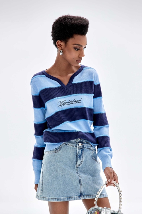 Long Sleeve Contrast Stripe Knit Top,Tops