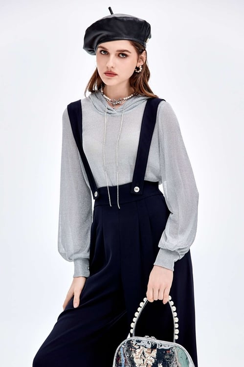 Metallic Grey Hoodie Knit Top,Season (AW) Look