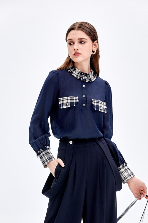 Navy Blouse With Checkered Trim Detail,Plaid