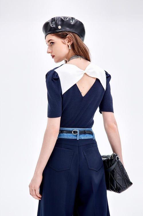 Navy Knit Top With Contrast Bow Detail,Season (AW) Look