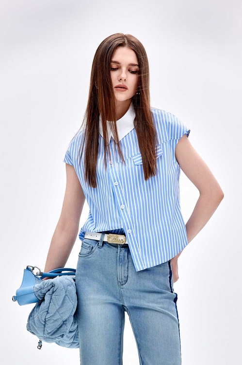 Asymmetric Button Front Stripe Top,Blouses