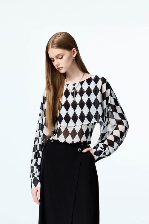 Black White Diamond Print Chiffon Cape Blouse,Chiffon
