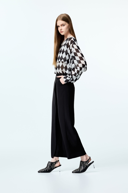 Black White Diamond Print Chiffon Cape Blouse,Chiffon