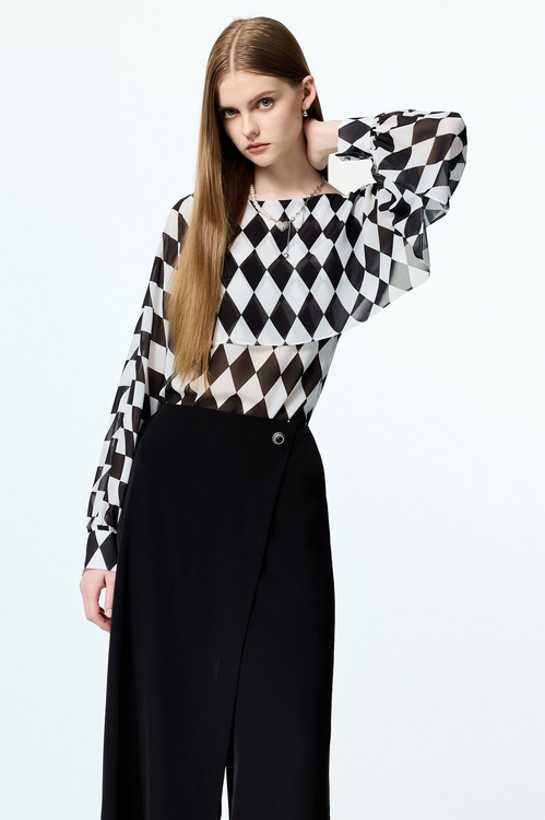 Black White Diamond Print Chiffon Cape Blouse,Chiffon