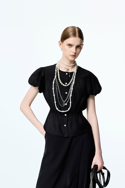 Button Front Puff Sleeve Top,Season (AW) Look