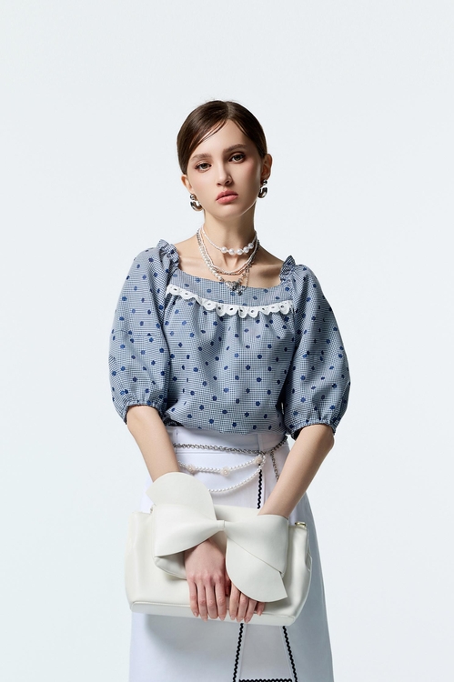 Dotted Embroidery Detail Plaid Top,co-ord sets