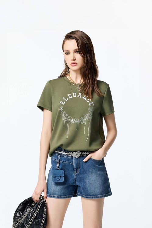 Embroidered Logo Moss Green Tee,T-shirts