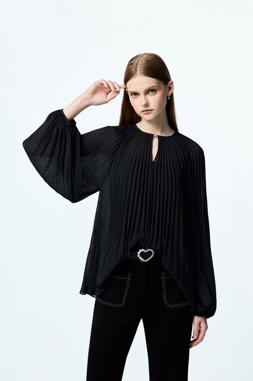 Black Pleated Detail Chiffon Blouse,Chiffon