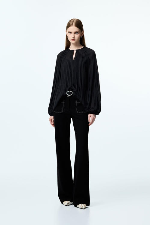 Black Pleated Detail Chiffon Blouse,Chiffon