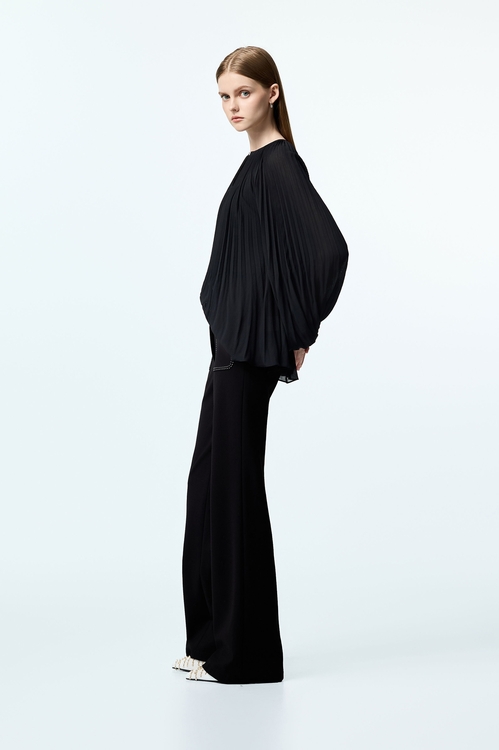 Black Pleated Detail Chiffon Blouse,Chiffon