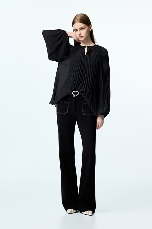 Black Pleated Detail Chiffon Blouse,Chiffon
