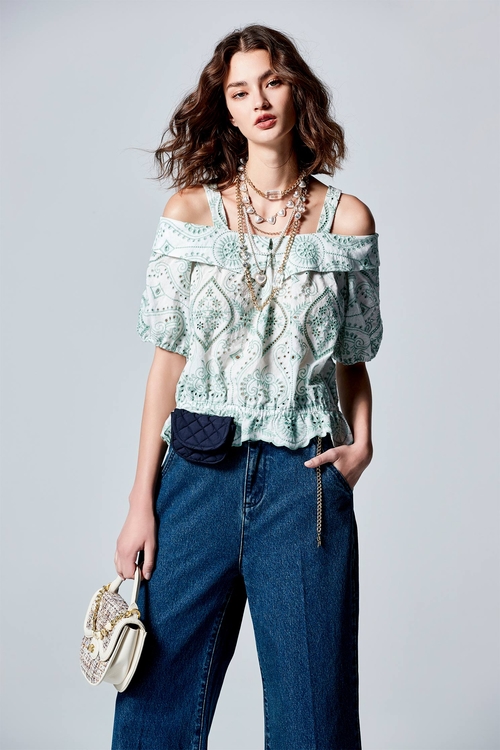 Cold Shoulder Hollow Out Embroidery Top,Embroidered tops