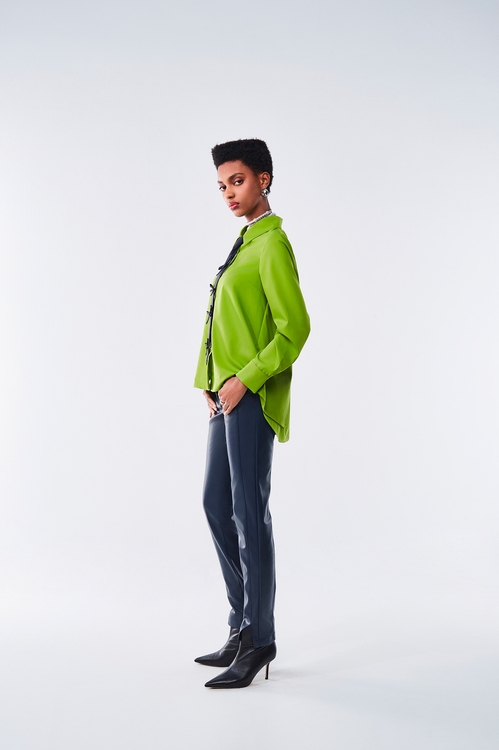 A-line Green Blouse With Contrast Bow Detail Tie,bows