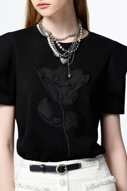 Pointed Cap Sleeve Floral Detail Top,Black tops,black tops