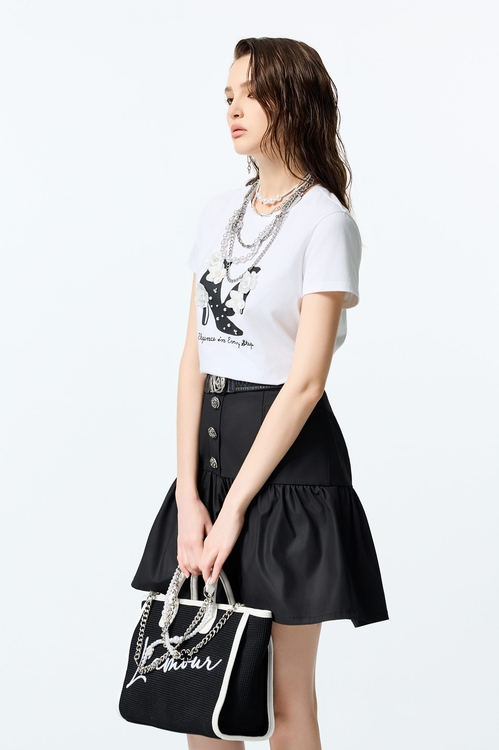 Front Graphic Floral Detail Short Sleeve Tee,White tops,White tops