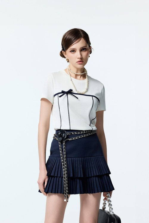 Navy Bow Detail Short Sleeve Tee,White tops,White tops