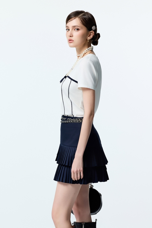 Navy Bow Detail Short Sleeve Tee,White tops,White tops