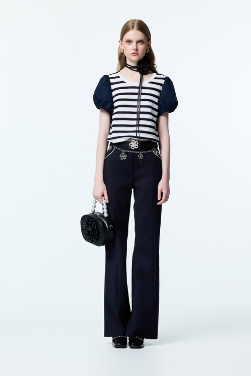 Contrast Navy Sleeve Knit Top,Knitted