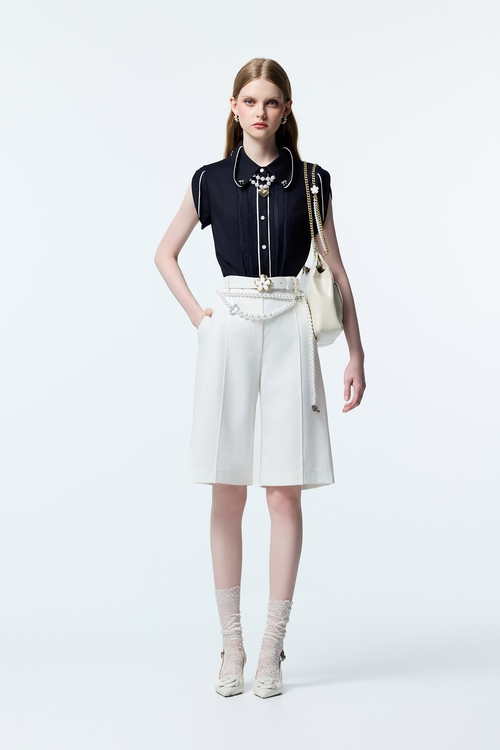 Contrast Trim Detail Navy Top,bows