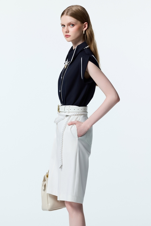 Contrast Trim Detail Navy Top,bows