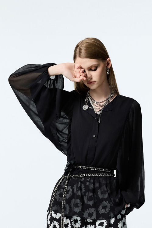 Elastic Waist Black Chiffon Top,Chiffon