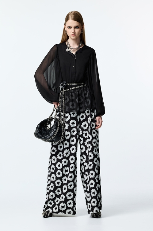 Elastic Waist Black Chiffon Top,Chiffon