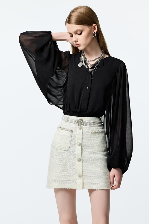 Elastic Waist Black Chiffon Top,Chiffon