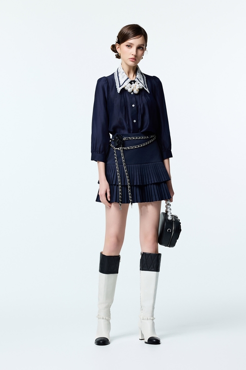 Navy Blouse With Contrast Lace Collar Detail,Blouses