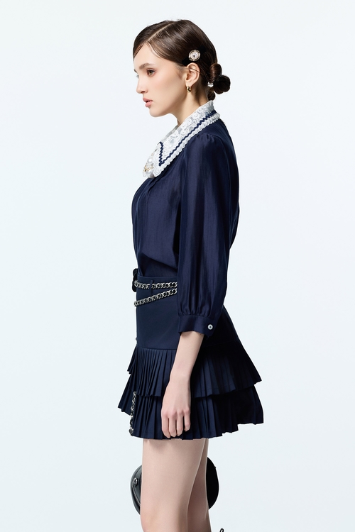 Navy Blouse With Contrast Lace Collar Detail,Blouses