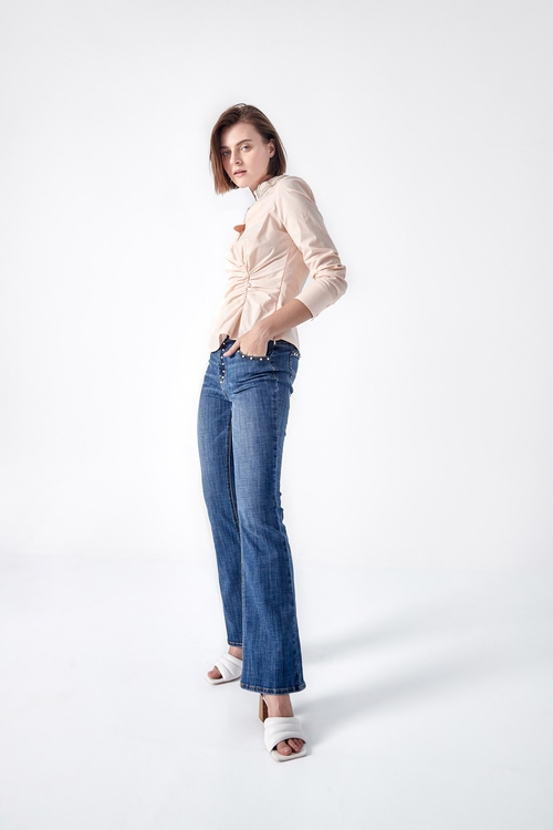 Front Gather Detail V-neck Blouse,Long sleeve tops