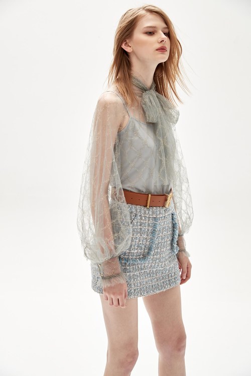 Grey Ribbon Bow Collar Lace Top,Party Looks