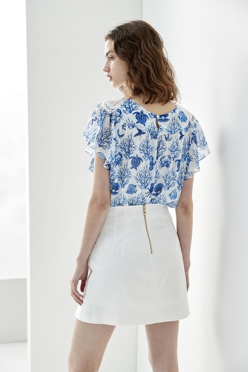 Ocean Theme Printed Top With Hollow Out Lace Collar,Chiffon tops