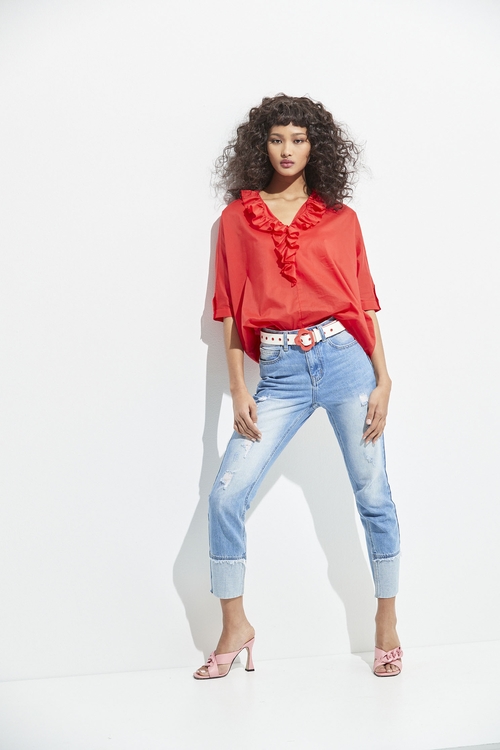 V-neck Ruffle Oversize Top,fashionart