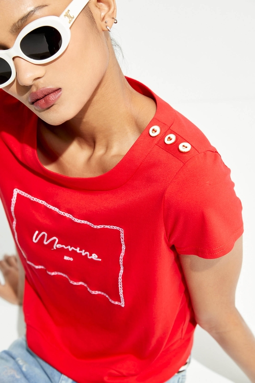 Basic Red Tee With Embroidered Slogan,mothergift