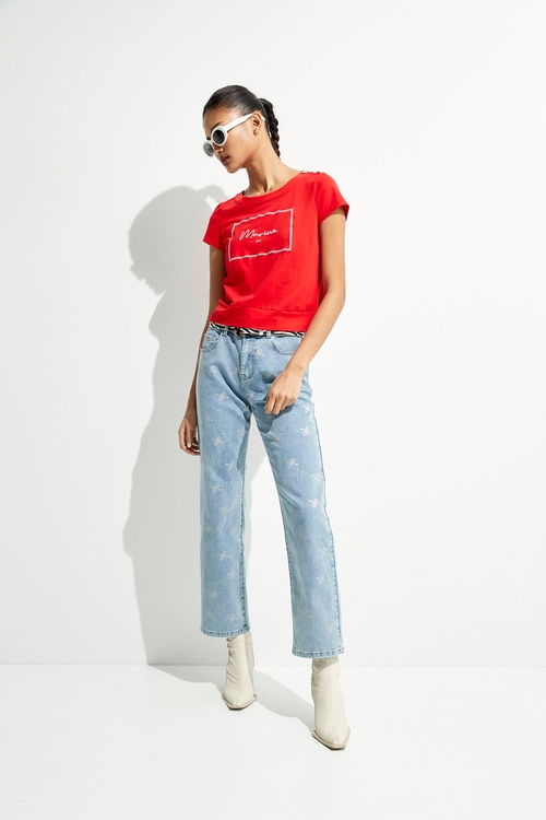 Basic Red Tee With Embroidered Slogan,mothergift