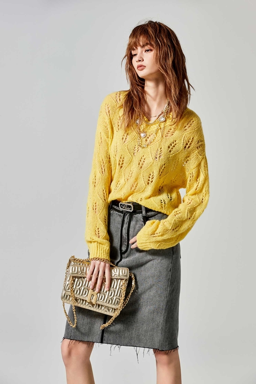 Long Sleeve Yellow Pointelle Knit Top,Long sleeve tops