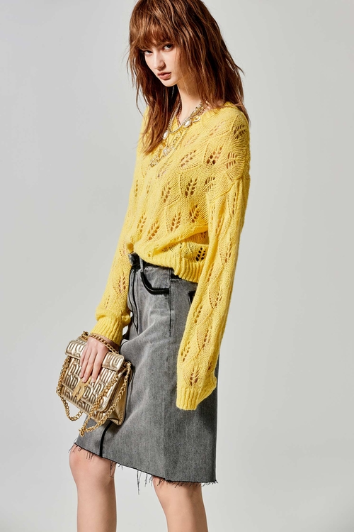 Long Sleeve Yellow Pointelle Knit Top,Long sleeve tops