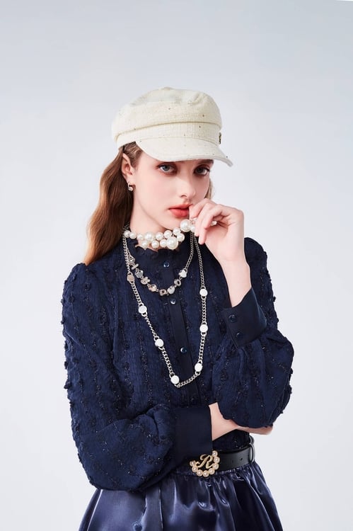 Floral Embroidery Navy Blouse,Embroidered,Embroidered